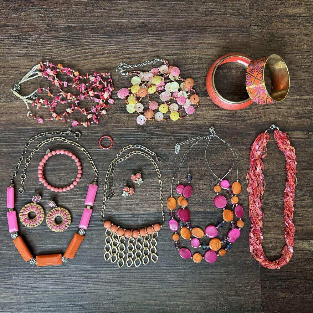 Costume Jewelry Lot Vintage To Now, Pink & Orange, Necklaces, Bangles, Earrings